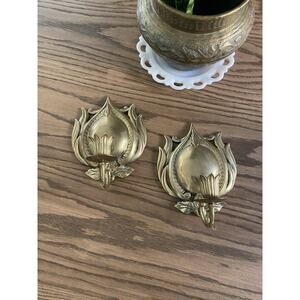 Vintage Brass Flame Candle Wall Sconce Holder Candelabra Art Deco Set Of 2
